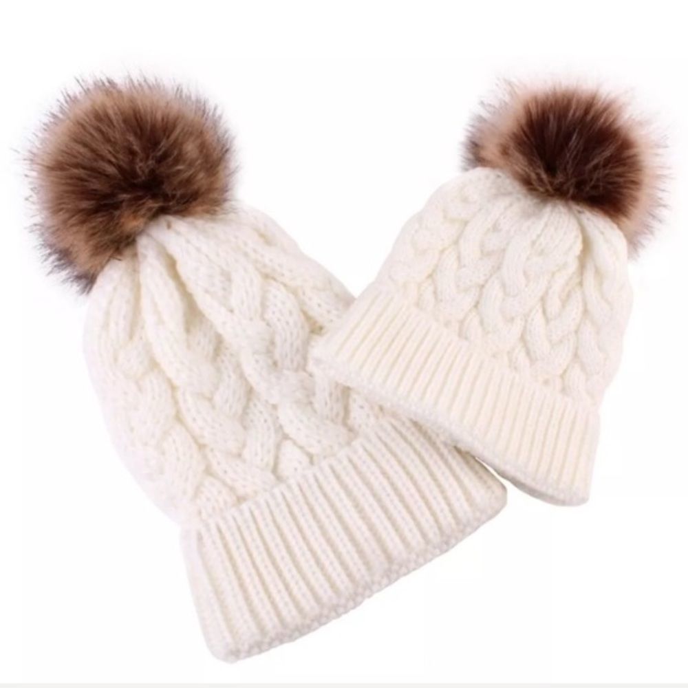 Ivory Cable Knit Beanie with Pom Pom Adult & Child Winter Hat Set